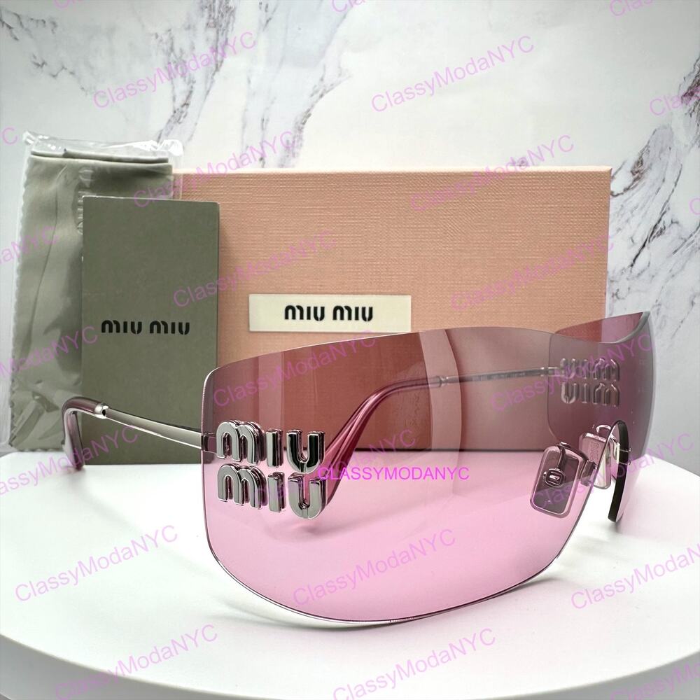 New MIU MIU Sunglasses Aube Silver Pink Mirror Rimless Wrap Authentic Womens